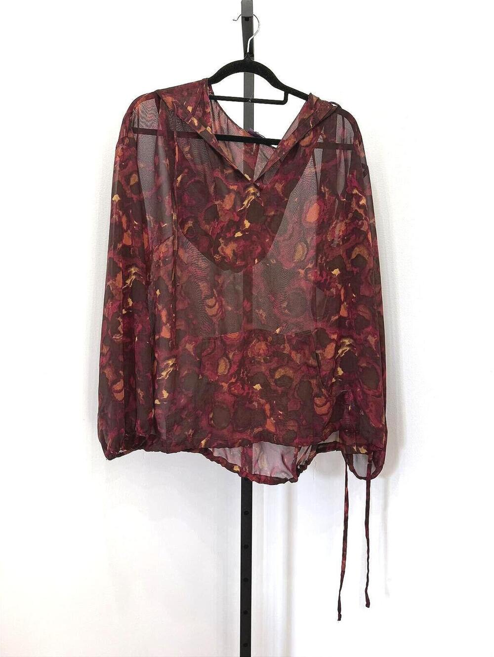 Beverly Drive Sheer Mesh Long Sleeve Hooded Blouse with Abstract Print